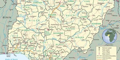 რუკა ნიგერია აჩვენებს ქვეყნები და დედაქალაქები